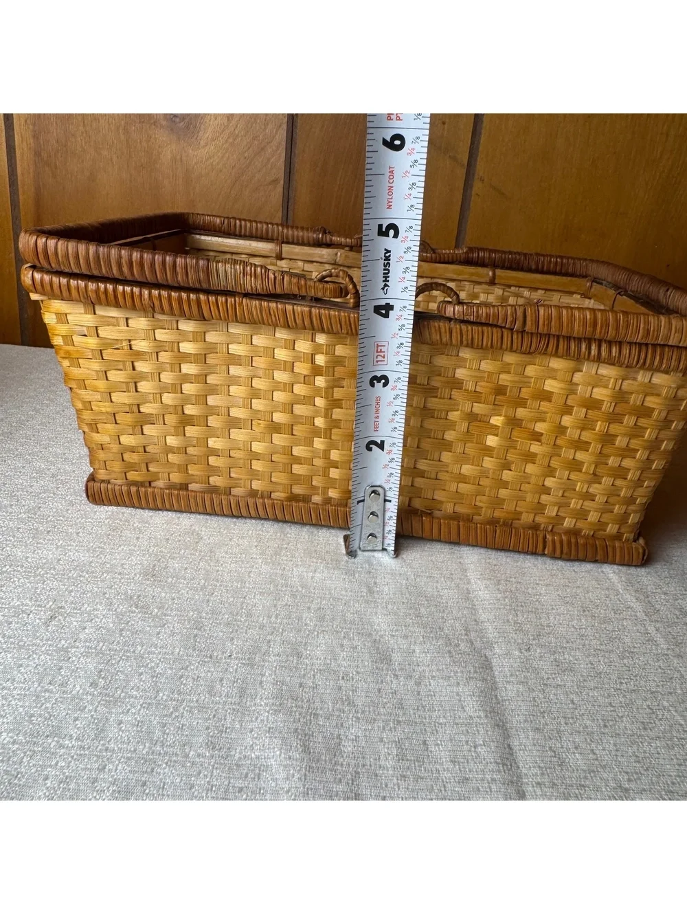 Vintage Woven Rattan Basket Rectangular Handled Storage Basket Boho Decor